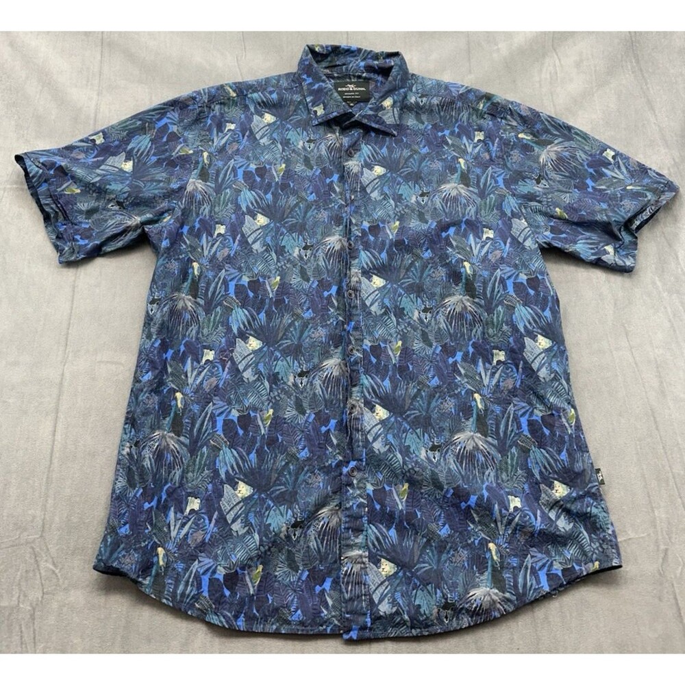 Rodd Gunn Shirt Mens XL Button Up Navy Blue Tropical Jungle Lion Short Sleeve